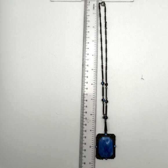 Vintage 1920s Czech Art Deco Blue Glass Necklace Filigree Bar Link Chain 18” - Picture 10 of 16